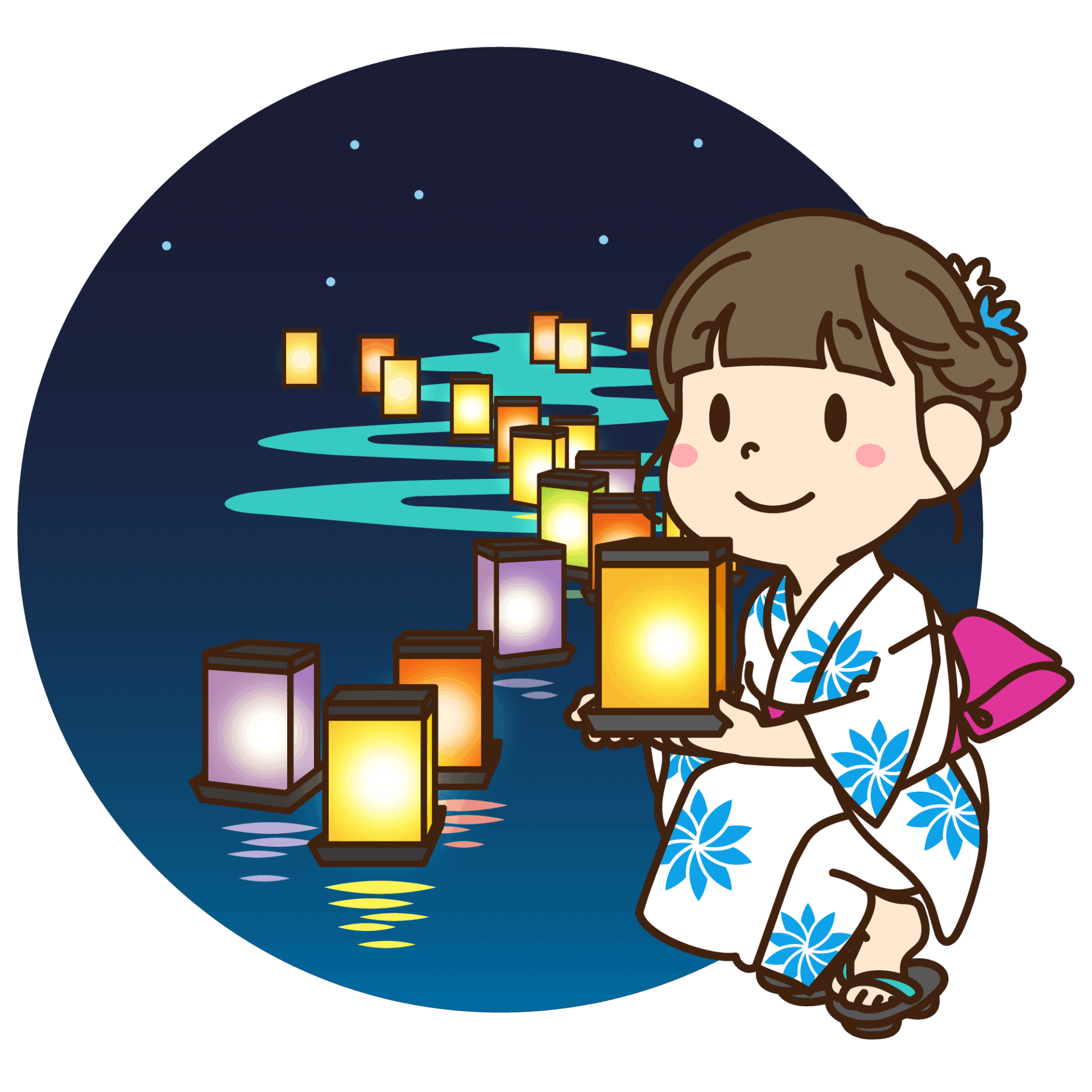 灯篭流しを楽しむ浴衣を着た女性のイラスト