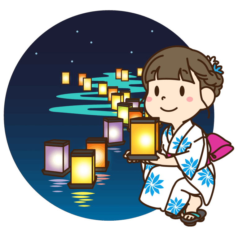 灯篭流しを楽しむ浴衣を着た女性のイラスト