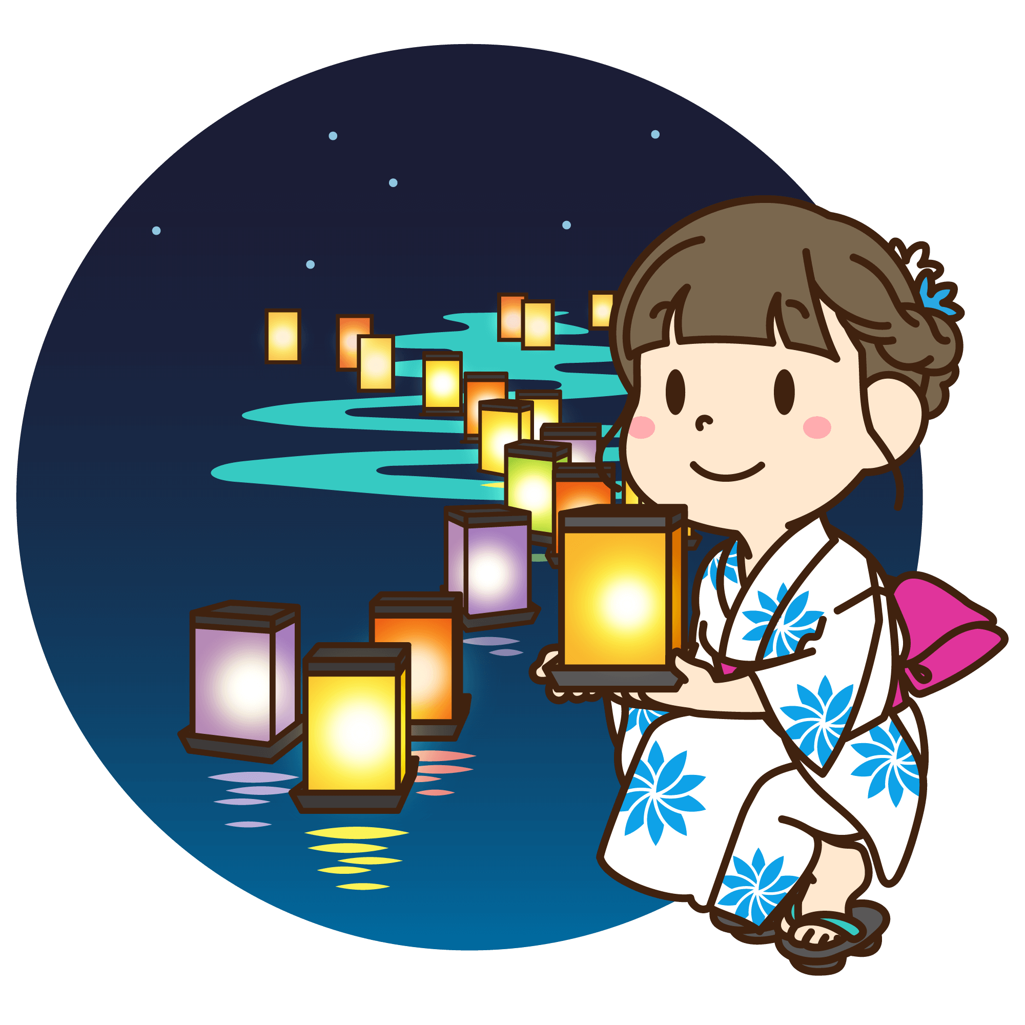 灯篭流しを楽しむ浴衣を着た女性のイラスト